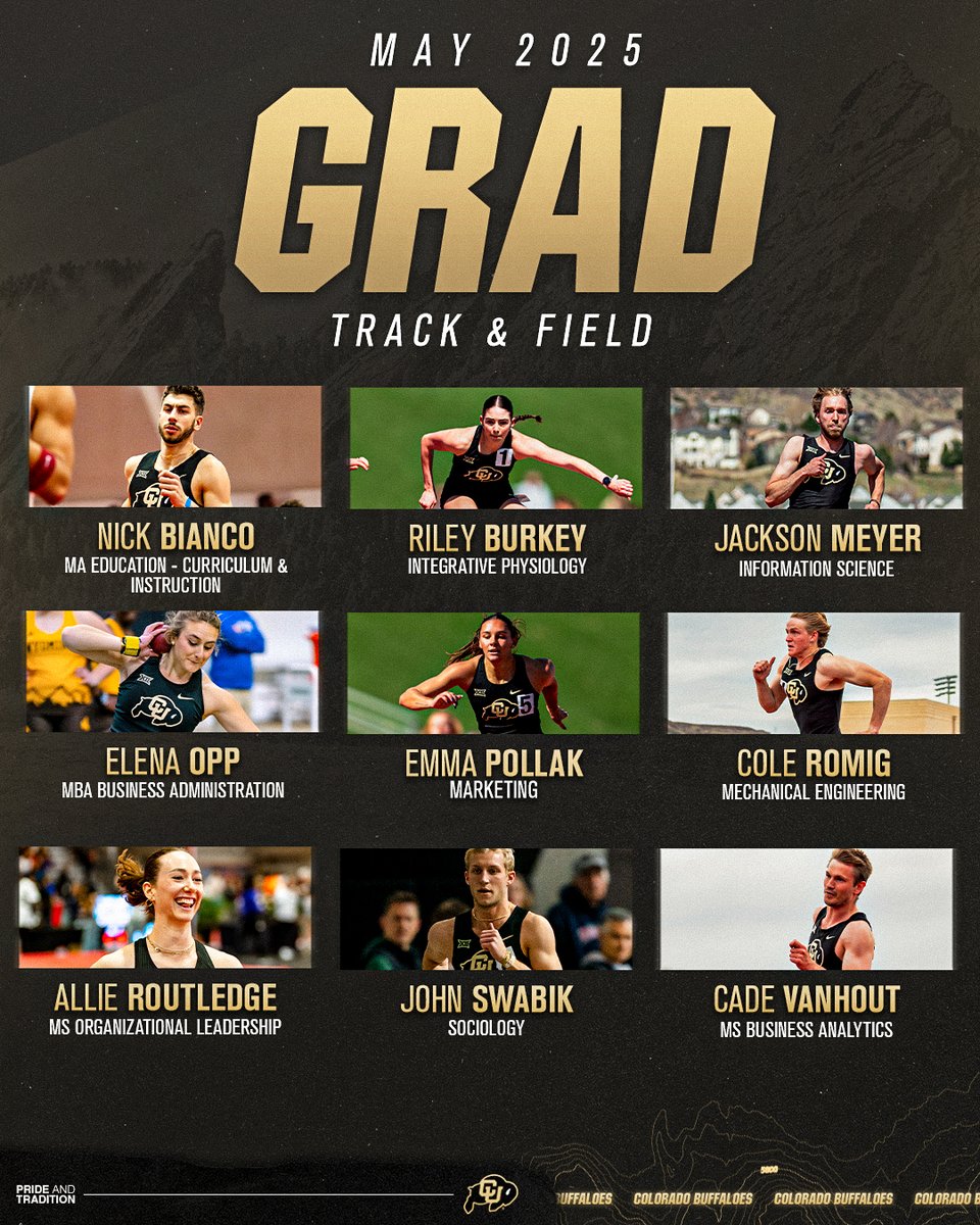 Congrats to our amazing track &amp; field grads! Wishing you all the best in what's next.  🏃‍♀️🏃‍♂️🎓
<a href="/CUBuffsTrack/">Colorado Buffaloes Track & XC</a> 
#ForeverBuffs
#GoBuffs
#2025Grads