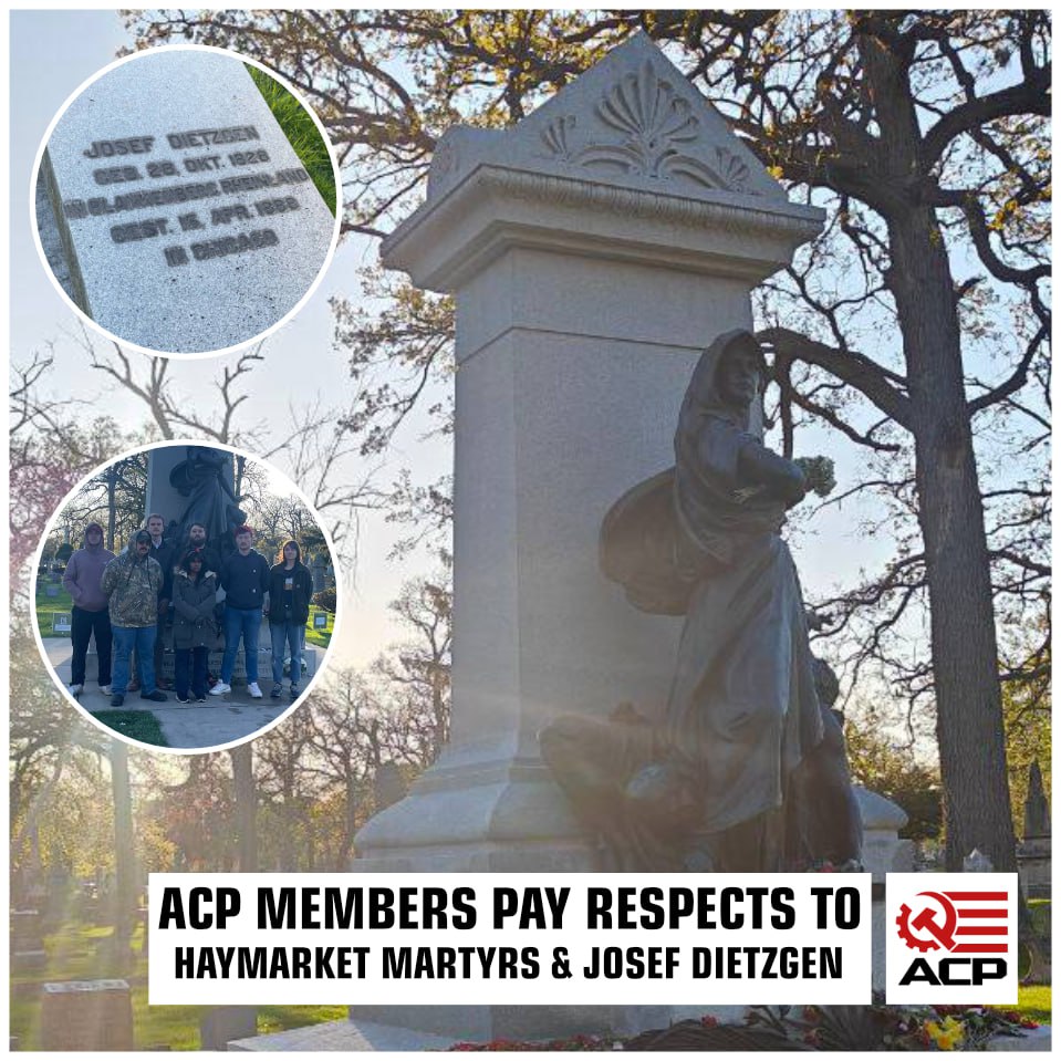 ACP_Colorado's tweet image. Members of the ACP Colorado, Oregon and North Dakota delegations to the inauguration of the Central Committee visited the Haymarket Martyrs’ Monument and the grave of Marxist theoretician Joseph Dietzgen in Forest Home Cemetery.