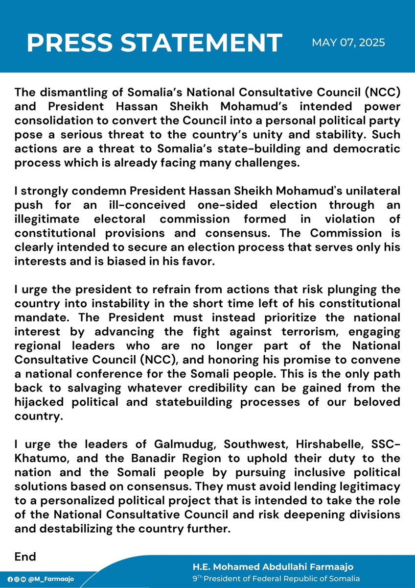 Mohamed Farmaajo (@m_farmaajo) on Twitter photo The statebuilding objectives of the NCC in Somalia are undermined by an illegitimate attempt to turn into his political party by <a href="/HassanSMohamud/">Hassan Sheikh Mohamud</a>. The election commission is another creation for facilitating this. Inclusive politics is the only way out of our country's problems. The statebuilding objectives of the NCC in Somalia are undermined by an illegitimate attempt to turn into his political party by <a href="/HassanSMohamud/">Hassan Sheikh Mohamud</a>. The election commission is another creation for facilitating this. Inclusive politics is the only way out of our country's problems.