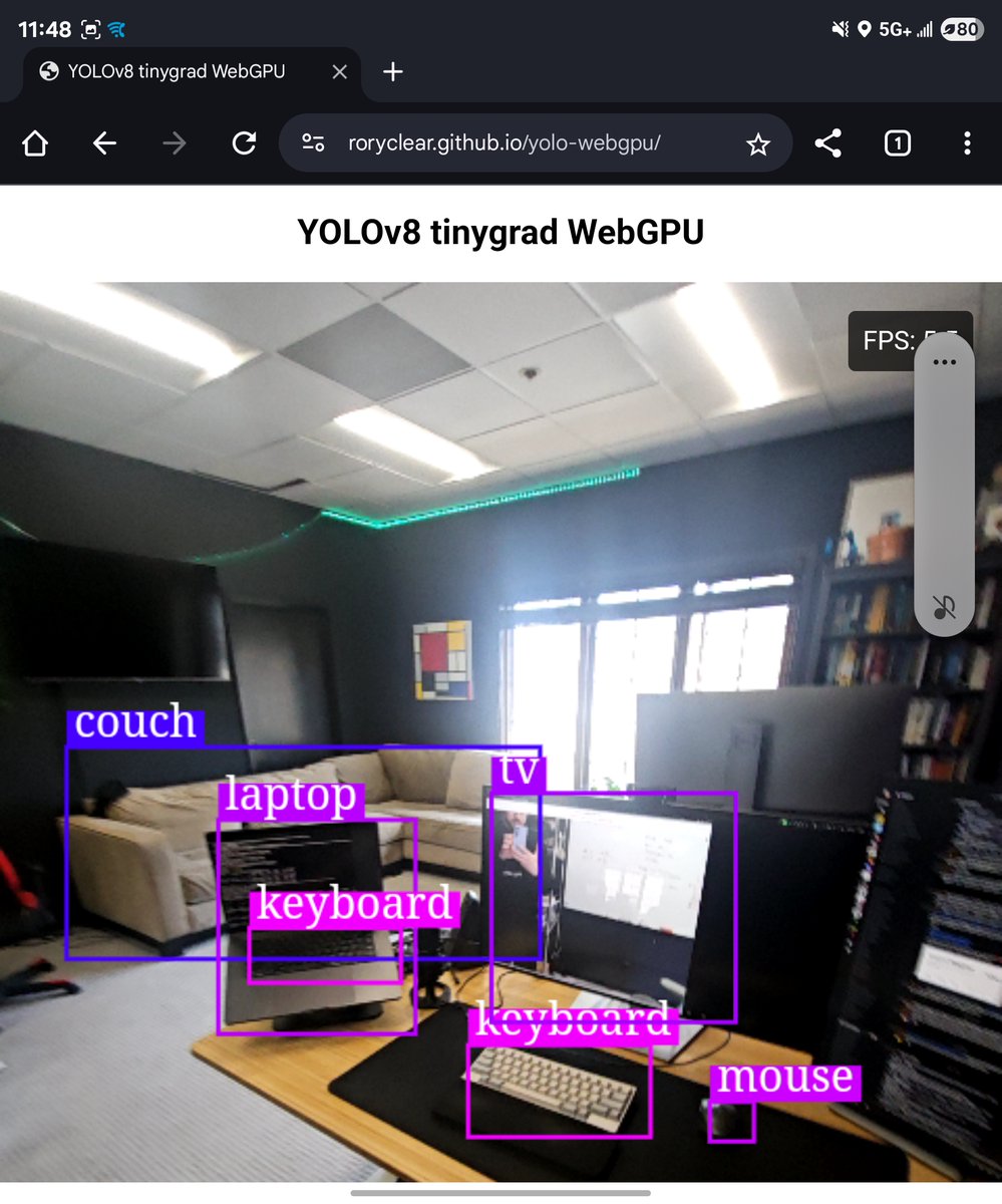 __tinygrad__'s tweet photo. Try YOLO in your browser! tinygrad is probably the easiest framework to do this sort of stuff with. https://t.co/zquNxjqN4h