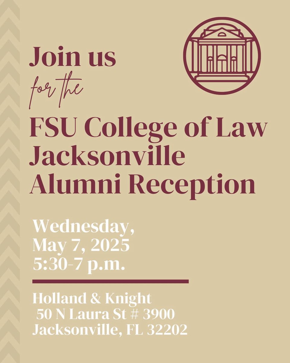 Jacksonville Alums: We're excited to see you tonight at 5:30 p.m. for the Jacksonville Alumni Reception at Holland &amp; Knight!