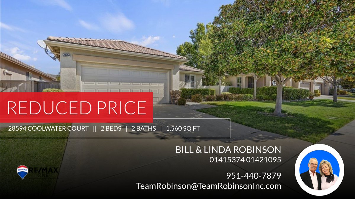 SharingDeals10's tweet photo. 📍 Reduced Price 📍 This recently reduced home at 28594 Coolwater Court in Menifee won't last long, so, don't wait to set up a showing! Reach out here or at 951-440-7879 for more information!

Bill &amp; Linda Robinson
Team Robinson RE... https://t.co/ZqoXYxWis3 https://t.co/1HCHmETbkl