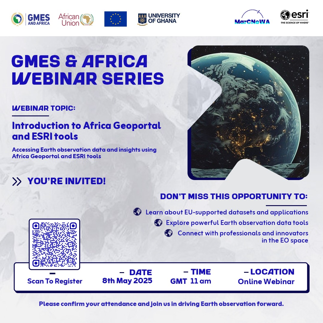 You're invited to the GMES &amp; Africa Webinar Series!
📌 Topic: Intro to Africa Geoportal &amp; ESRI Tools
📅 Date: 8 May - 11:00 AM GMT
📍 Location: Online
Join GIS experts Pauline &amp; Karim (ESRI) to explore EO data, tools &amp; EU-supported resources.
🔗 Register: lnkd.in/eHNPK5hX