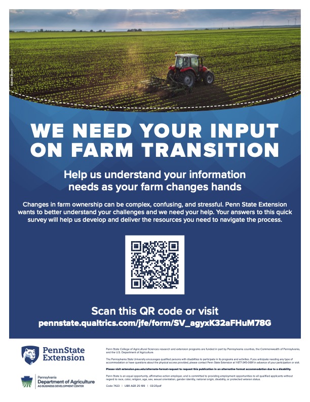 🚜 PA Farmers &amp; Ag Pros: Let Your Voice be Heard! 🚜

Help shape the future of farm succession &amp; retirement planning in PA. Take the Farm Progression Survey-just 20 minutes!

🗓️ Open until August 1, 2025
🔗 Take the survey here: ow.ly/BfcR50VONXQ 

#PAFarmers #FarmLegacy