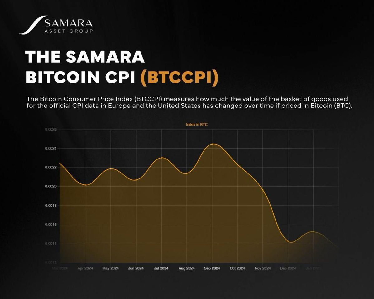 Samara_AG_'s tweet photo. The new Samara Bitcoin Consumer Price Index (#BTCCPI) measures how much the value of the basket of goods used for the official CPI data in Europe and the United States has changed over time if priced in Bitcoin (BTC).
#BitcoinCPI
https://t.co/WHsNibU3Zo https://t.co/VzGVPZHCuf