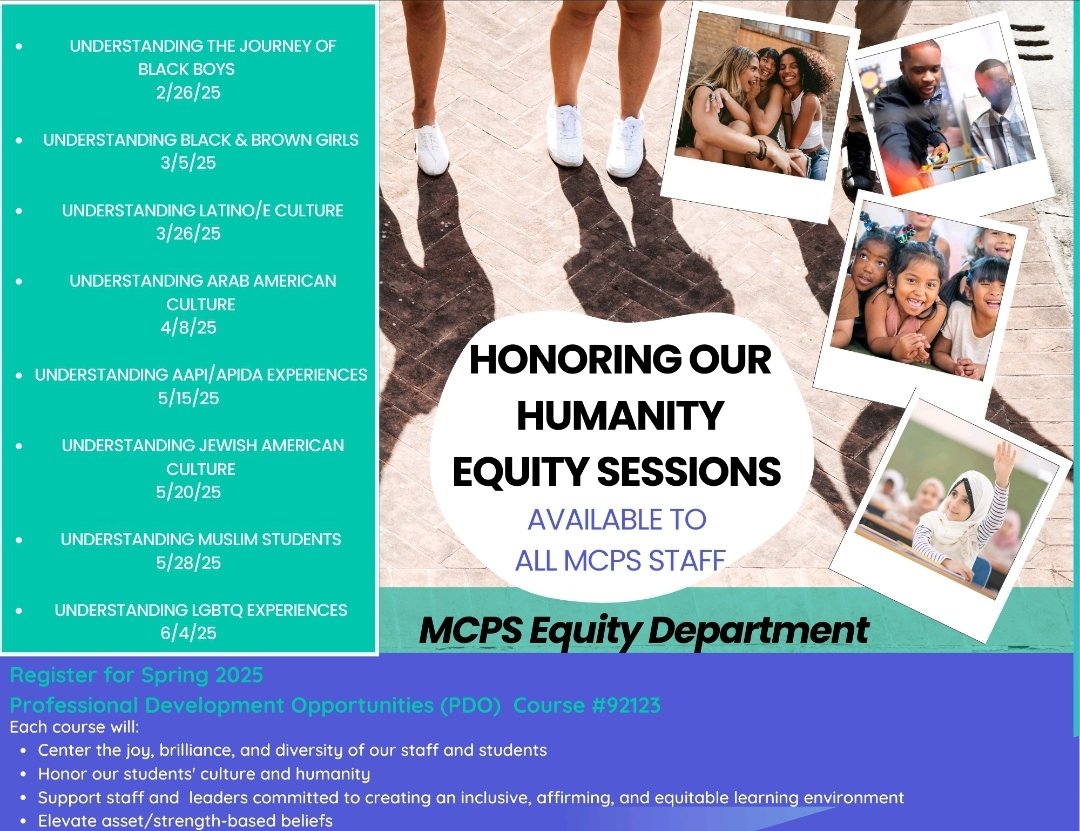 Equity Team (@mcpsequityteam) on Twitter photo Join us for our upcoming Honoring Our Humanity learning sessions! 
We have four more sessions remaining and we're excited to learn about AAPI/APIDA experiences on the evening May 15th.
All staff across MCPS are eligible to register! Join us for our upcoming Honoring Our Humanity learning sessions! 
We have four more sessions remaining and we're excited to learn about AAPI/APIDA experiences on the evening May 15th.
All staff across MCPS are eligible to register!