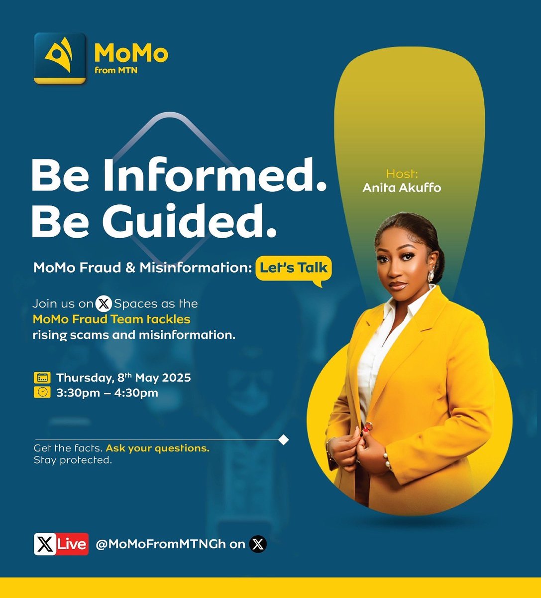 MoMoFromMTNGh's tweet image. Join us LIVE on X Spaces with @Anita__Akuffo and the MoMo Fraud Team tomorrow, 8th May 2025 at 3:30 PM as we discuss and answer all your questions on MoMo fraud. 

#MoMo
