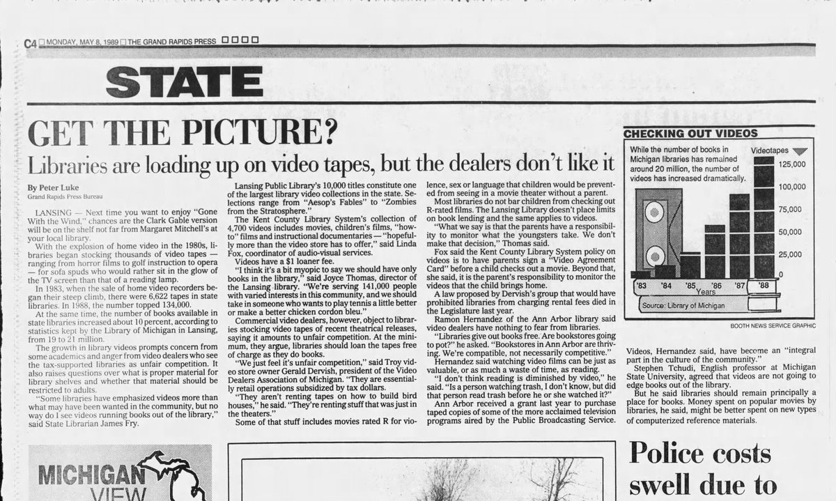 LibraryofMich's tweet image. #ThrowbackThursday Oh, the conversations we used to have about videotapes vs books at #MiLibraries.
📰: 5/8/1989 @GRPress p. C4