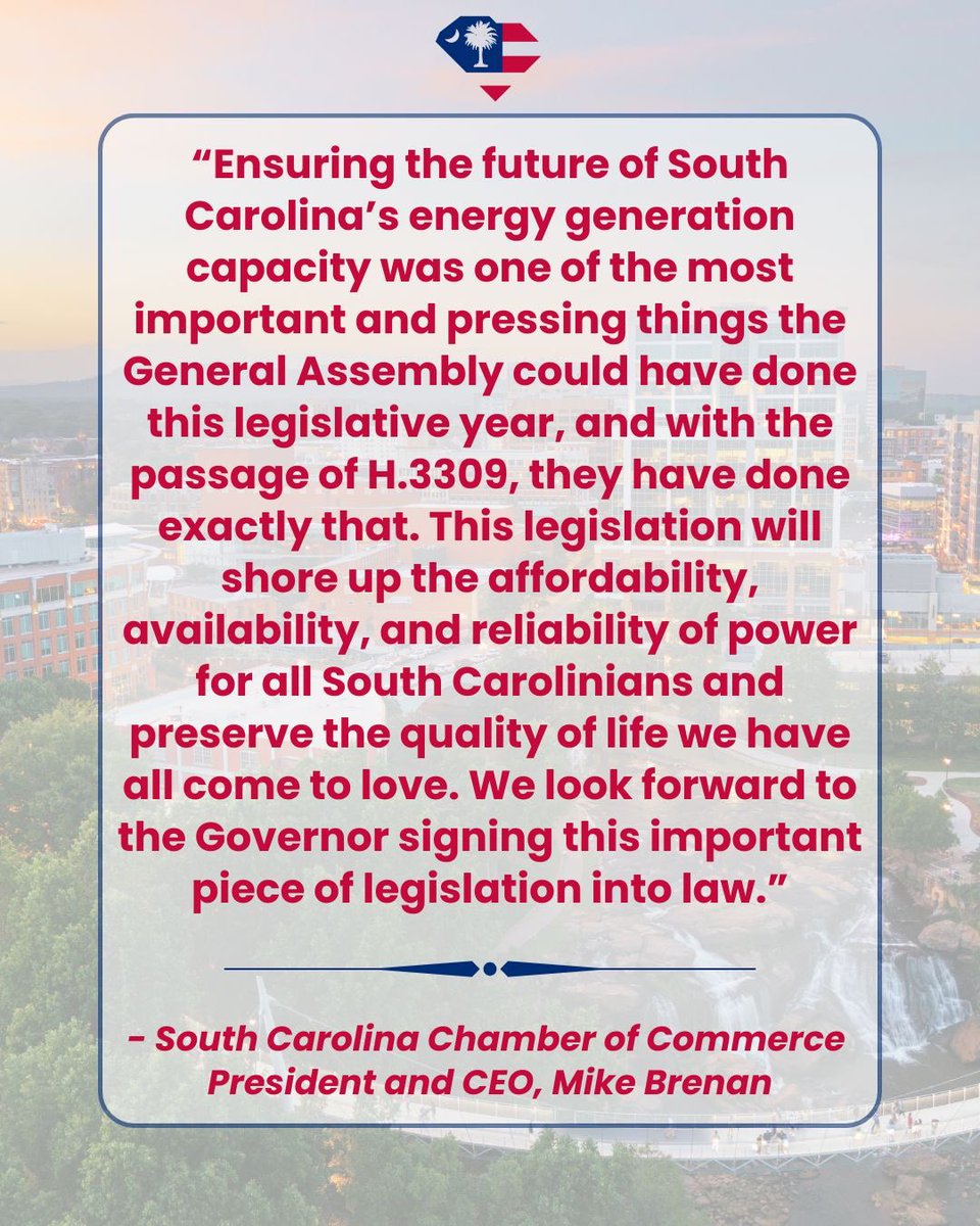 BREAKING: A bill that will help South Carolina maintain its unprecedented economic growth by increasing energy generation has passed both the House and Senate and is on its way to the Governor’s desk for his signature.

Read our statement 👇