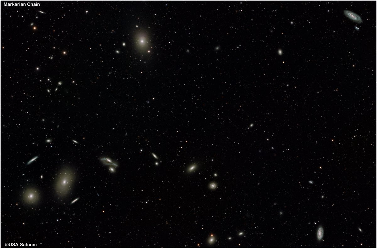 Markarian Chain of Galaxies. About 8 significant galaxies in this view with trillions of stars. This contains over 600x300 sec subs and way too much patience. If you zoom in you can see lots of details in some of the bigger galaxies.
