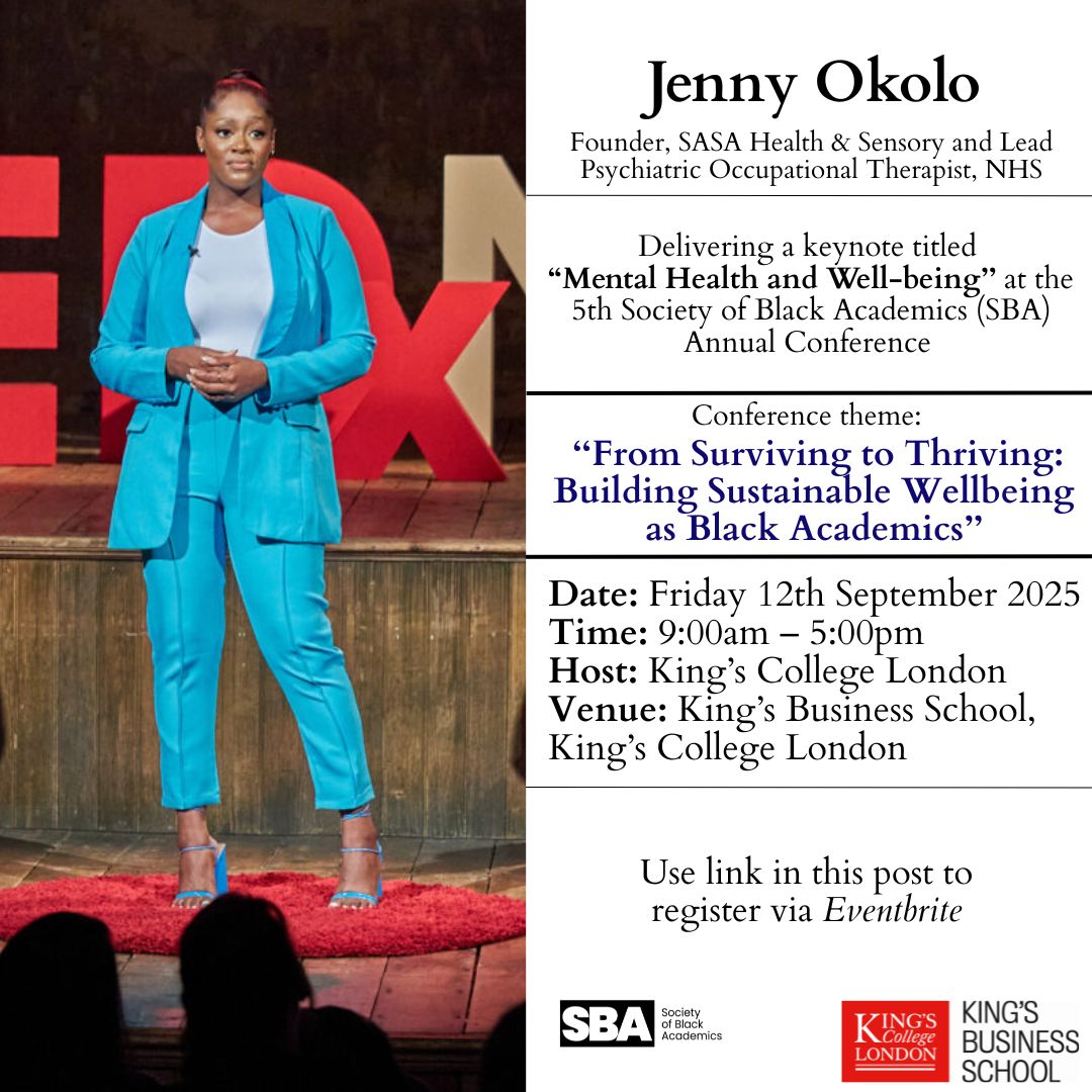 🎉 We’re thrilled to announce that Jenny Okolo, Founder of SASA Health &amp; Sensory, will be joining us as a speaker at our 5th Annual Society of Black Academics Conference!

More: linkedin.com/feed/update/ur…