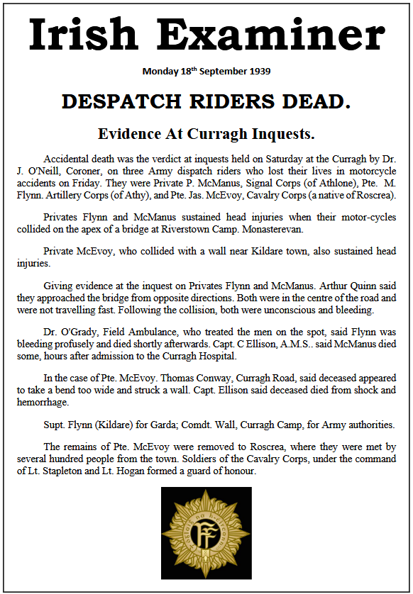 curraghhistory's tweet image. In September 1939, just days after the state of emergency was declared, there was a bad day for the Irish Army when three dispatch riders lost their lives in training. The accidents occurred in South Kildare, not too far from the Curragh Camp.
curragh.info/archives/Dispa…