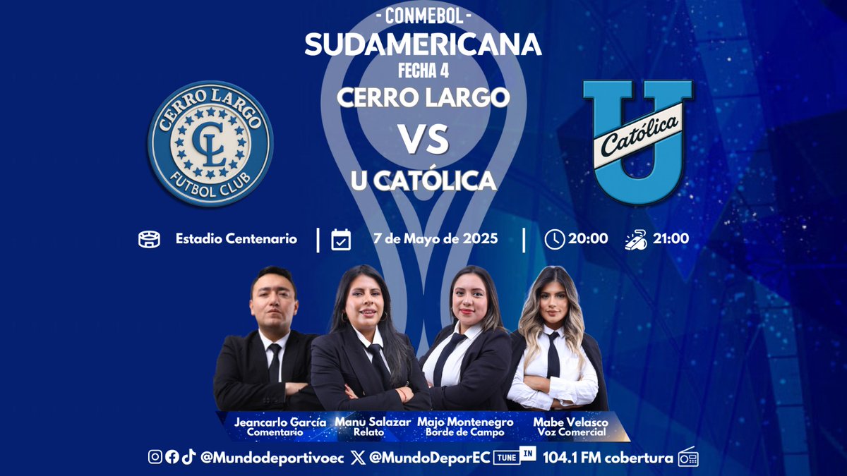 🏆¡SUDAMERICANA! Continuamos  la jornada de copa desde el Centenario de Montevideo 🇺🇾

<a href="/CerroLargoFc/">Cerro Largo Fútbol Club</a> 🆚 <a href="/UCatolicaEC/">U. Católica Ecuador</a> 

🎙️ <a href="/manuela_salazar/">Manuela Salazar</a> 🇺🇾 
 
📝 <a href="/jeanca1603/">Jeancarlo garcia</a> 

🏟️ <a href="/soymajomb/">María José Montenegro</a> 
 
🗣️ <a href="/mabe_velasco/">Mabe</a>