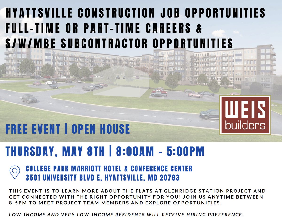 Prince George's County DHCD (@dhcdpg) on Twitter photo Curious about a big new project in Hyattsville? Join <a href="/employpg/">Employ Prince George's</a> & Weis Builders tomorrow (4/8) for a free open house on The Flats at Glenridge Station! Meet the team & explore job opportunities. ๐ทโโ๏ธ๐ค
๐ 8 a.m. โ 5 p.m.
๐ 3501 University Blvd E, Hyattsville, MD Curious about a big new project in Hyattsville? Join <a href="/employpg/">Employ Prince George's</a> & Weis Builders tomorrow (4/8) for a free open house on The Flats at Glenridge Station! Meet the team & explore job opportunities. ๐ทโโ๏ธ๐ค
๐ 8 a.m. โ 5 p.m.
๐ 3501 University Blvd E, Hyattsville, MD