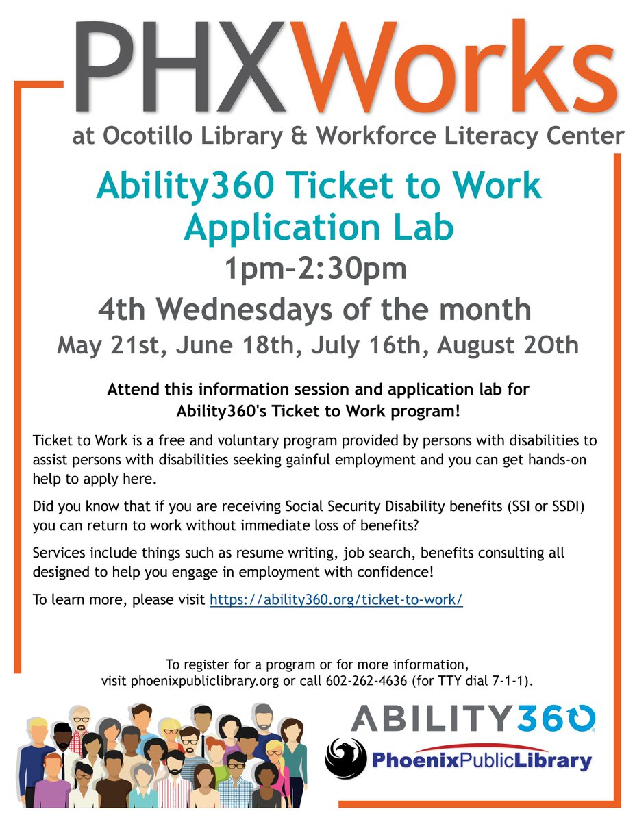 Ability360 (@ability360) on Twitter photo The Ability360 Ticket to Work program is in full swing.
To learn more, please visit: bit.ly/3WoUrxu
Register online with Phoenix Public Library (<a href="/PhxLibrary/">Phoenix Public Library</a>) by visiting: bit.ly/3QyRwjs The Ability360 Ticket to Work program is in full swing.
To learn more, please visit: bit.ly/3WoUrxu
Register online with Phoenix Public Library (<a href="/PhxLibrary/">Phoenix Public Library</a>) by visiting: bit.ly/3QyRwjs