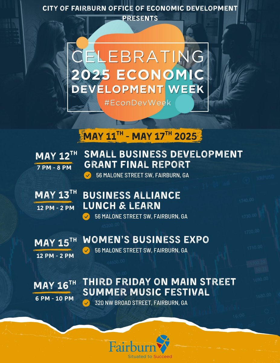 Economic Development Week is right around the corner! 🏙️ You're invited to a week full of resources, events, and collaboration opportunities 🤝 Together we are One Fairburn; Stronger together 💪

#OneFairburn #FairburnGA #EconDevWeek #EconomicDevelopment #GeorgiaCities
