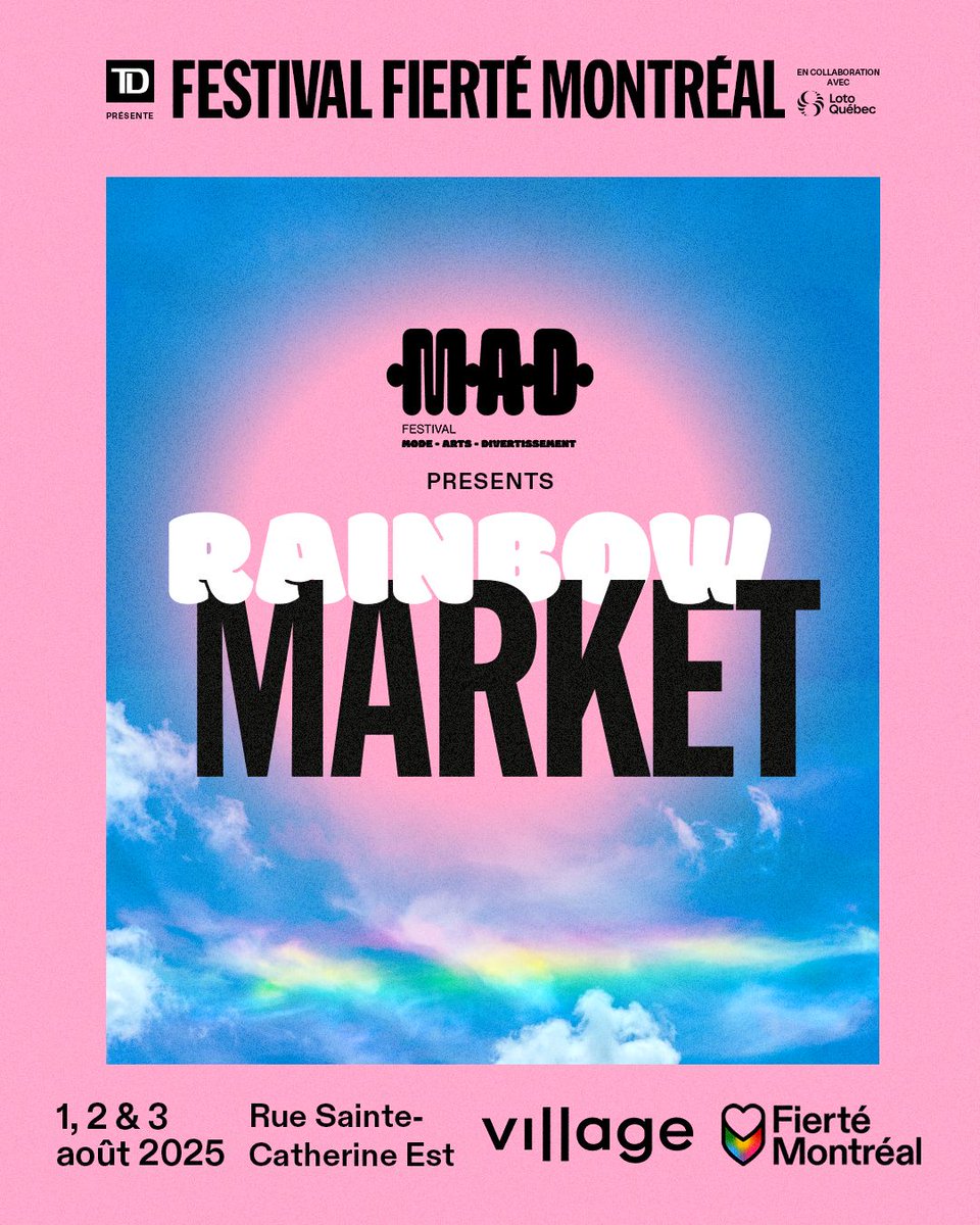 🌈 Appel aux entrepreneur·euse·s, artistes et designers 2SLGBTQIA+! 🌟
Le Festival Fierté Montréal, le Festival M.A.D. et la SDC du Village lancent la toute première édition du Marché Arc-en-ciel, du 1er au 3 août 2025, au cœur du Village.
tinyurl.com/popupsarcencie…