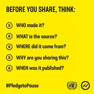 Not everything we see online is true.

❌ Don't share rumors.
✅ Choose content from reliable sources.

Verify the facts before you share! 
buff.ly/rz4mtRn  
#PledgeToPause ⏸️
