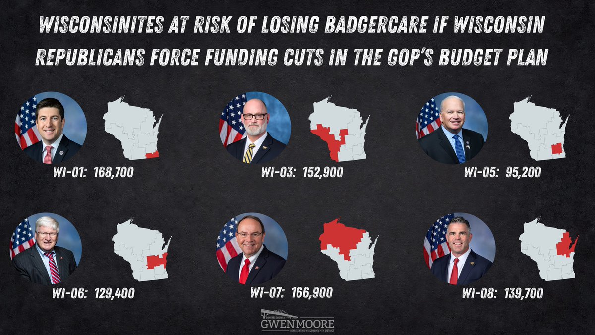 🤬NEW TODAY:
 
The CBO confirmed the GOP plan would strip millions of health care.
 
In Wisconsin, nearly 1.2 million people on BadgerCare are at risk.  
<a href="/RepBryanSteil/">Bryan Steil</a> <a href="/RepVanOrden/">Rep. Derrick Van Orden Press Office</a> <a href="/RepFitzgerald/">Rep. Scott Fitzgerald</a> <a href="/RepGrothman/">Rep. Glenn Grothman</a> <a href="/RepTiffany/">Rep. Tom Tiffany</a> <a href="/RepTonyWied/">Rep. Tony Wied</a>