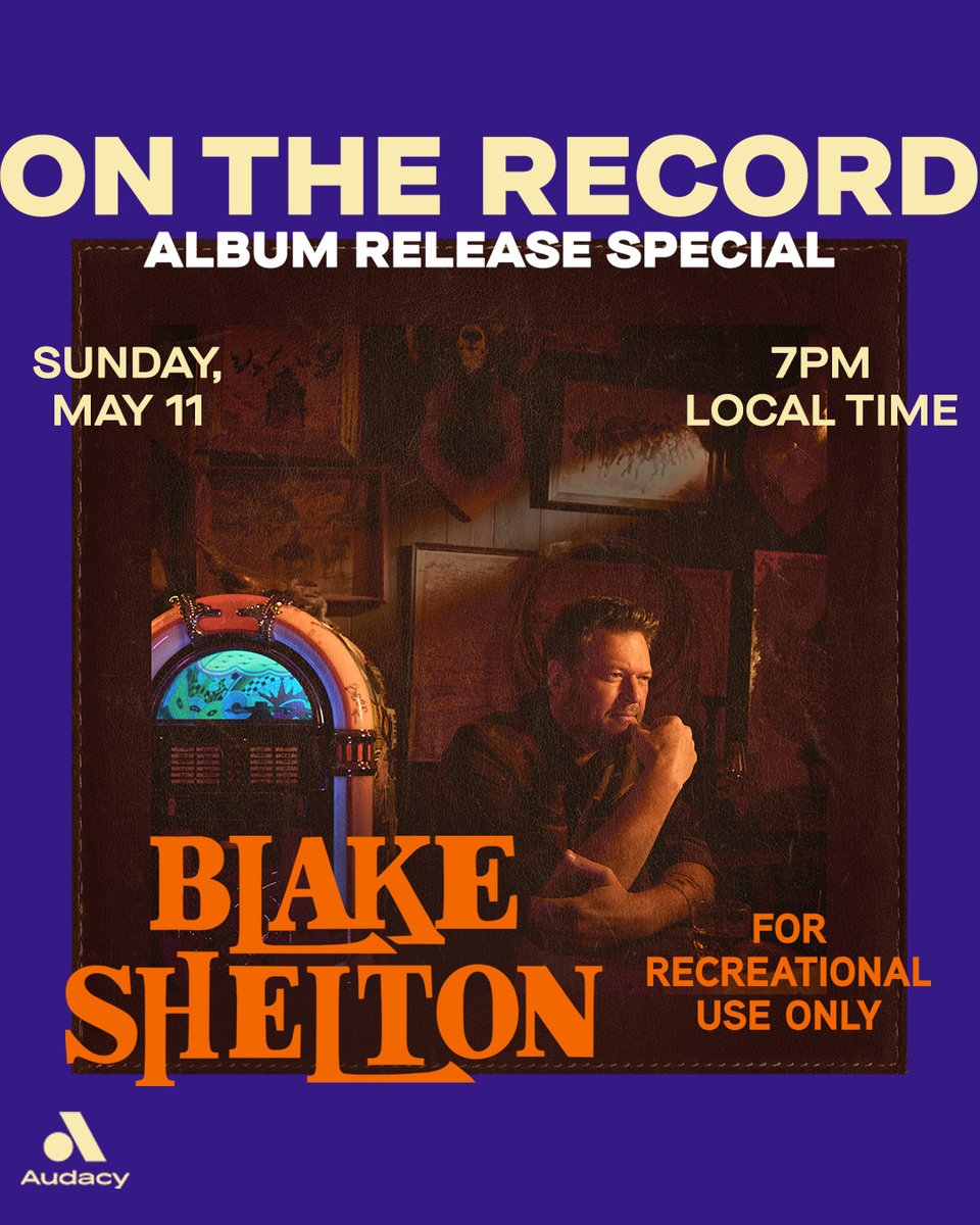 Join us for '@BlakeShelton: On The Record' to celebrate the release of his new album 'Recreational Use Only' 🤠

Tune in for an inside look at the album, as he shares the stories behind the songs this Sun, 5/11 at 7 PM on our station: auda.cy/BlakeOTR