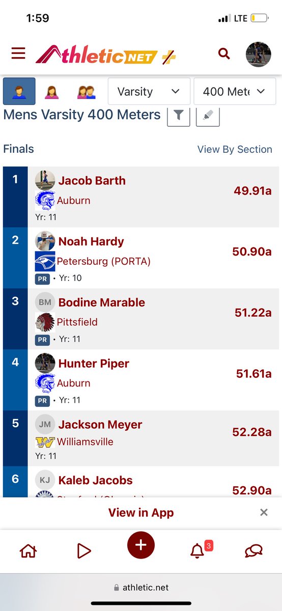 HunterPiper7's tweet photo. Yesterday I ran the 400 and 4x800 at the Sangamo Conference Meet. I had a big PR in the 400 with a 51.61 placing 4th and a 2:03h split in the 4x800 to place 1st. I will be cutting off even more time in the 400 at sectionals. I am lane 1 in the video below.
@AHSTrack_Field https://t.co/3o0Hzroyz1