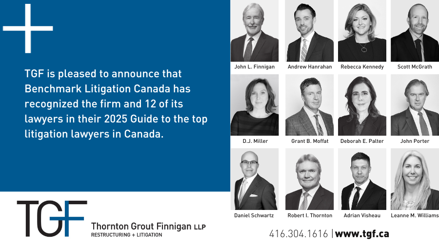 Benchmark Litigation Canada has recognized TGF and 12 of its lawyers in their 2025 Guide to the top litigation lawyers in Canada. tinyurl.com/4td97u76