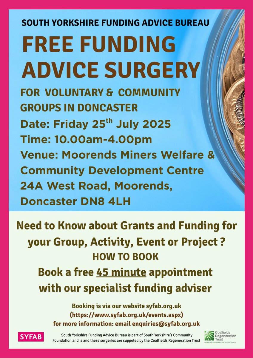 Pleased to announce the first of our SYFAB Funding Advice Surgeries for Voluntary &amp; Community Groups in Doncaster 
First two in Edlington and Moorends 
There will be more in 
* Bentley
* Rossington
* Townfields 
* City Centre 
* Mexborough 
Booking via syfab.org.uk/events.aspx