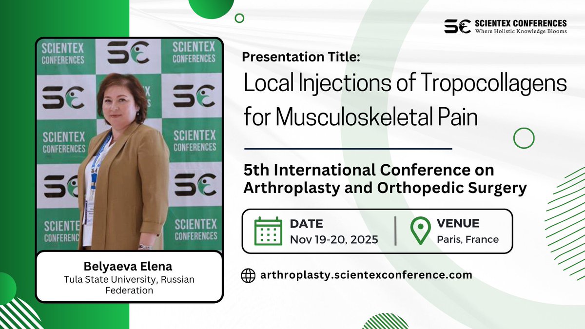 Arthroplasty 2025 (@icao_2025) on Twitter photo We are pleased to welcome Dr. Belyaeva Elena (Tula State University, Russia) as a speaker at the 5th International. Conference on Arthroplasty & Orthopedic Surgery, Paris 2025.
For information, visit: arthroplasty.scientexconference.com/speakers/Belya…
#OrthopedicSurgery #Arthroplasty #ScientexConferences We are pleased to welcome Dr. Belyaeva Elena (Tula State University, Russia) as a speaker at the 5th International. Conference on Arthroplasty & Orthopedic Surgery, Paris 2025.
For information, visit: arthroplasty.scientexconference.com/speakers/Belya…
#OrthopedicSurgery #Arthroplasty #ScientexConferences