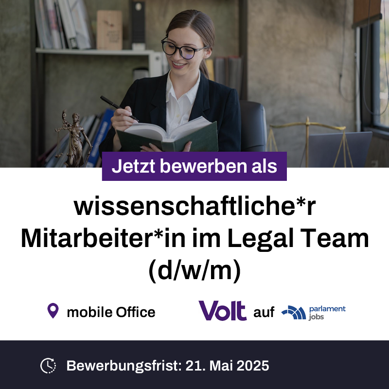 parlamentjobs's tweet image. Volt Deutschland sucht eine*n wissenschaftliche*n Mitarbeiter*in im Legal Team (d/w/m):

parlamentjobs.de/job/wissenscha…

#Job #MobileOffice #Volt #VoltDeutschland #Partei #Moitarbeiter #Rechtswissenschaften