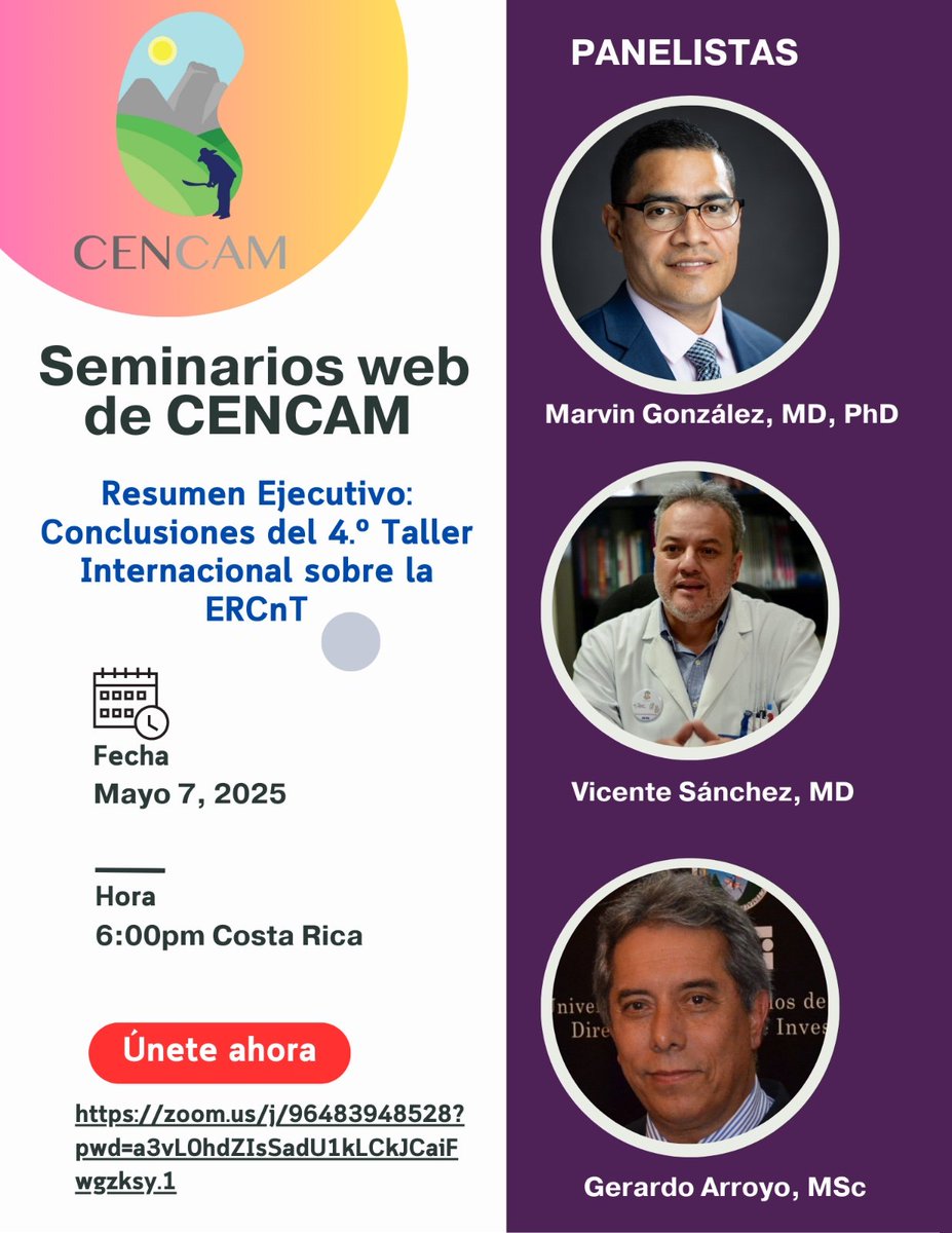 kavac71's tweet image. Extendemos una cordial invitación a participar en la nueva serie de seminarios virtuales organizada por #CENCAM hoy 6pm hora CR.   Resumen del Cuarto Taller sobre #ERCnt 📲
zoom.us/j/92039873247?…
Meeting ID: 920 3987 3247
Passcode: 198833
@SLANH_ @ISNkidneycare
