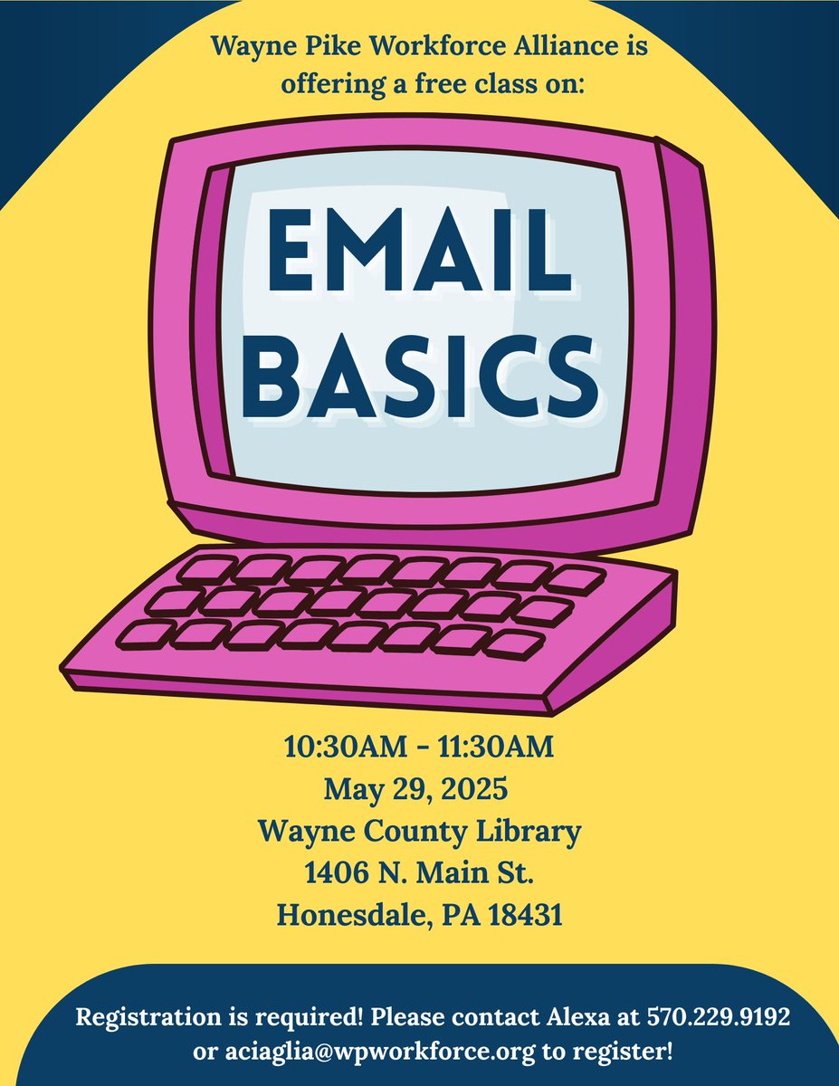 WayneTomorrow's tweet image. @WPWorkforce_org  is hosting a free class on email basics!

📅 Thursday, May 29th
⏰ 10:30am - 11:30am
📍Wayne County PA Library
1406 Main St, Honesdale, PA 18431

Sign up today!
📞 570-229-9192
📩 aciaglia@wpworkforce.org

#waynecountypa #supportyourlibrary #emailbasics #WPWA