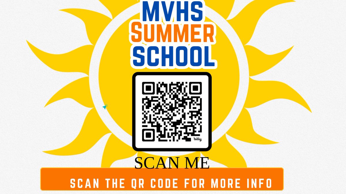 MVHS In-Person Summer School Information is now available, scan the QR code to register, check Apptegy, or pick up information in the front office or counseling office. Contact your student's counselor if you have any questions.