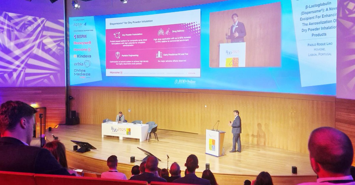 HovioneGroup's tweet photo. #RDDEurope2025 has started and our podium session “β-Lactoglobulin – A Novel Excipient for Next-Generation Spray-Dried Powder Formulations” sparked a lively Q&A session. Stop by table No. 23 to learn https://t.co/uzX6eDGFmU #inhalation #nasal #cdmo #initforlife https://t.co/h9msk7EuFd