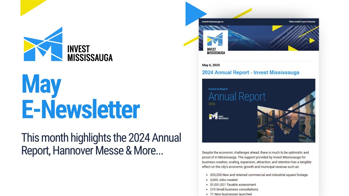 Invest Mississauga’s May eNewsletter is here! Highlights include the 2024 Annual Report, Hannover Messe Conference, updates on the New Official Plan, recognition of top women-led companies, &amp; business investments from IPEX, Jolt, and more. 
Read it here 👉 mailchi.mp/d4eaa70e07dc/2…