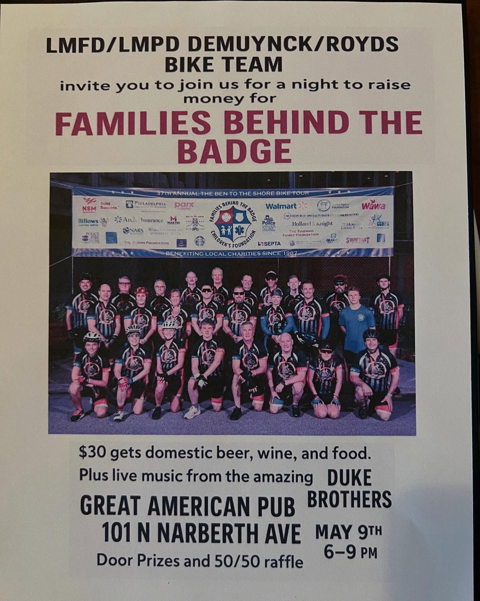 AndrewGeigert's tweet image. The Duke Brothers are honored and excited to play in support of the 38th Annual The Ben to the Shore Bike Tour at The Great American Pub in Narberth, PA THIS Friday night May 9th, 2025! Our set time is 6p - 9p. The Pub is a full-service bar/restaurant.