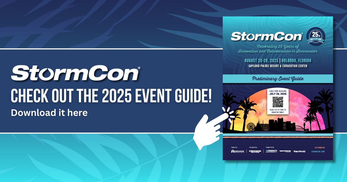 The StormCon 2025 Preliminary Event Guide is here! Take a look at what’s in store in Orlando—keynotes, field trips, exhibitors, networking events, and everything you need to start planning your trip. Ready to dive in? bit.ly/3GOBkIK

#StormCon  #StormwaterSolutions