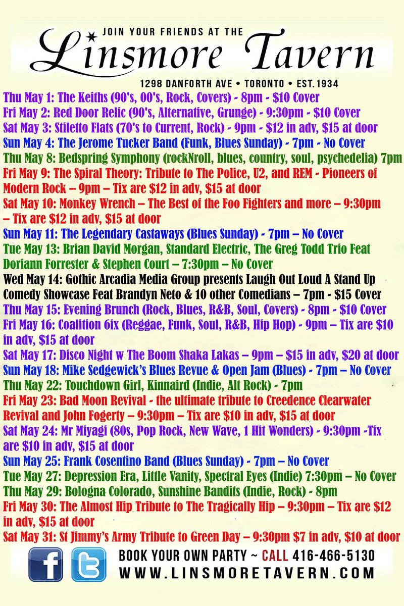 We have an awesome month of music coming up at the Linsmore for the month of May! Check out our lineup! <a href="/Q107Toronto/">Q107 Toronto</a> <a href="/CP24/">CP24</a> <a href="/DanforthTweets/">Danforth Tweets</a> <a href="/DanforthEonline/">Danforth East Online</a> <a href="/WhatsUpTOMag/">What's Up Toronto</a> <a href="/musiccityTO/">Toronto Music City</a> <a href="/TorontoMusic/">Toronto Music Scene</a> <a href="/torontolife/">Toronto Life</a> <a href="/nowtoronto/">Now Toronto</a> <a href="/TorontoEvents/">Toronto Events</a> <a href="/blogTO/">blogTO</a> <a href="/ears2dground/">earstotheground.ca</a> <a href="/EastEndCommuni1/">@EastEndCommunityToronto 💙🎗️</a>