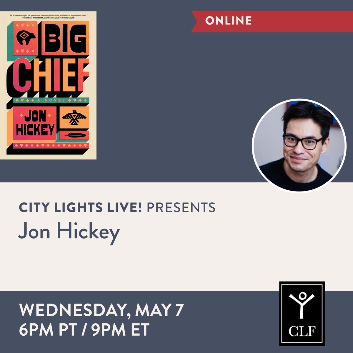 TONIGHT's event is online only!
Register for the book talk here: citylights.com/events/jon-hic…
Can't wait to see you on Zoom!
<a href="/jonvhickey/">Jon Hickey</a> 
<a href="/simonschuster/">Simon & Schuster</a>