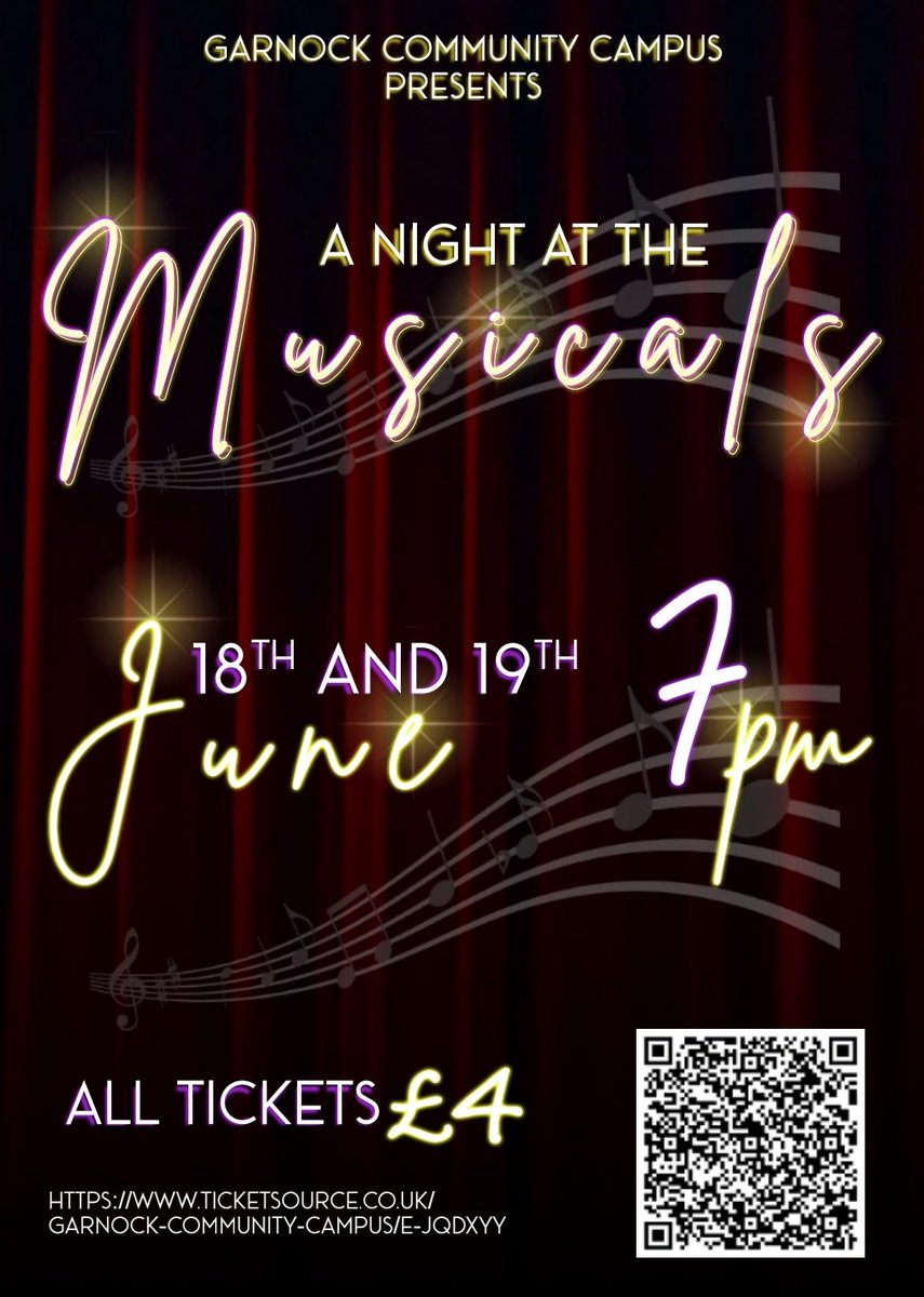 It's time to book your tickets for our summer show, 'A NIGHT AT THE MUSICALS'. 
Join us on the 18th &amp; 19th June at 7pm <a href="/GarnockCampus/">Garnock Community Campus</a> to enjoy our junior cast and senior cast perform some musical theatre songs for your entertainment! 
<a href="/GarnockC/">garnock community campus parent council</a>
ticketsource.co.uk/garnock-commun…
