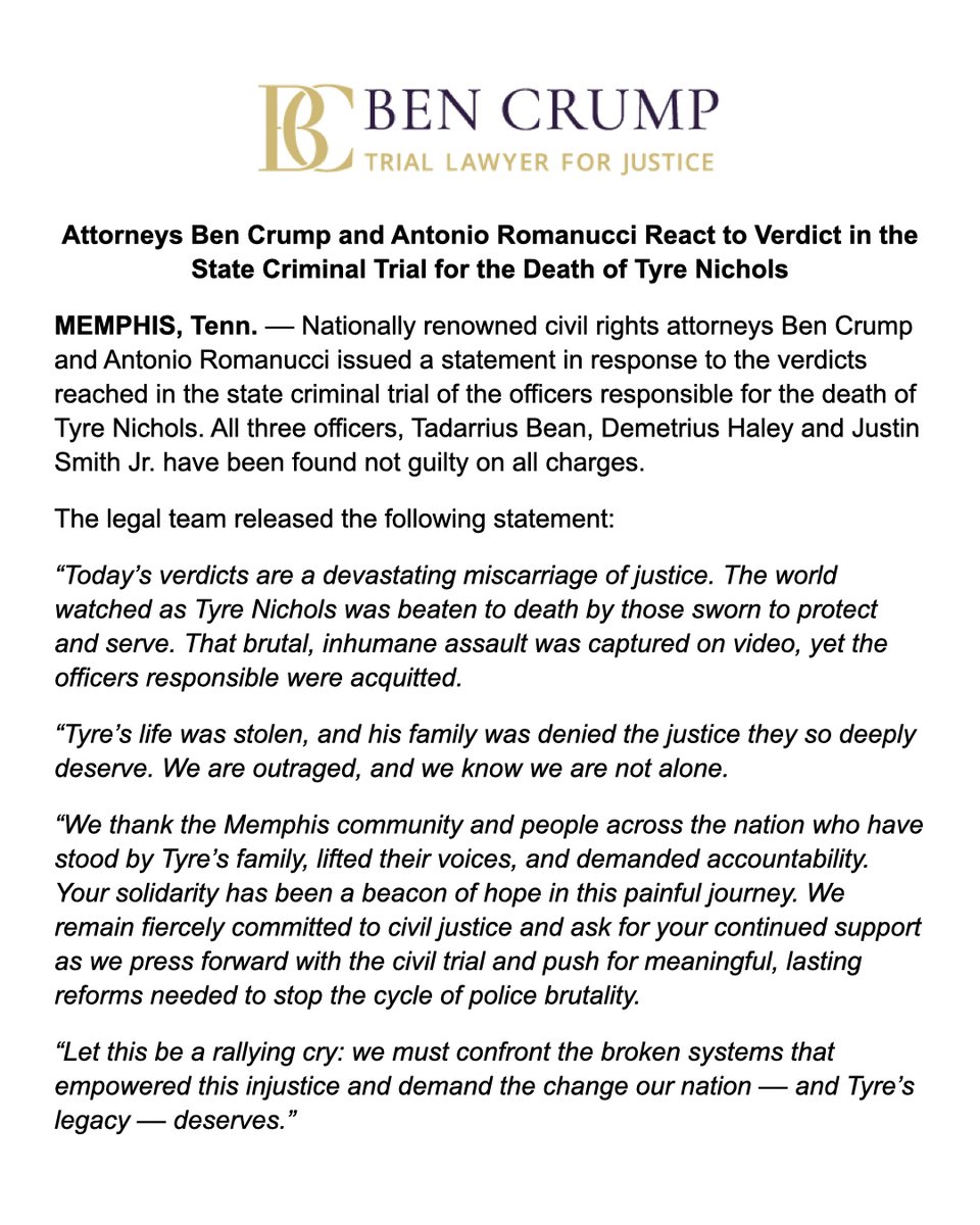 BenCrumpLaw's tweet image. NEWS ALERT: @AttorneyCrump and Antonio Romanucci issued a statement in response to the verdicts reached in the state criminal trial of the officers involved in the death of Tyre Nichols.