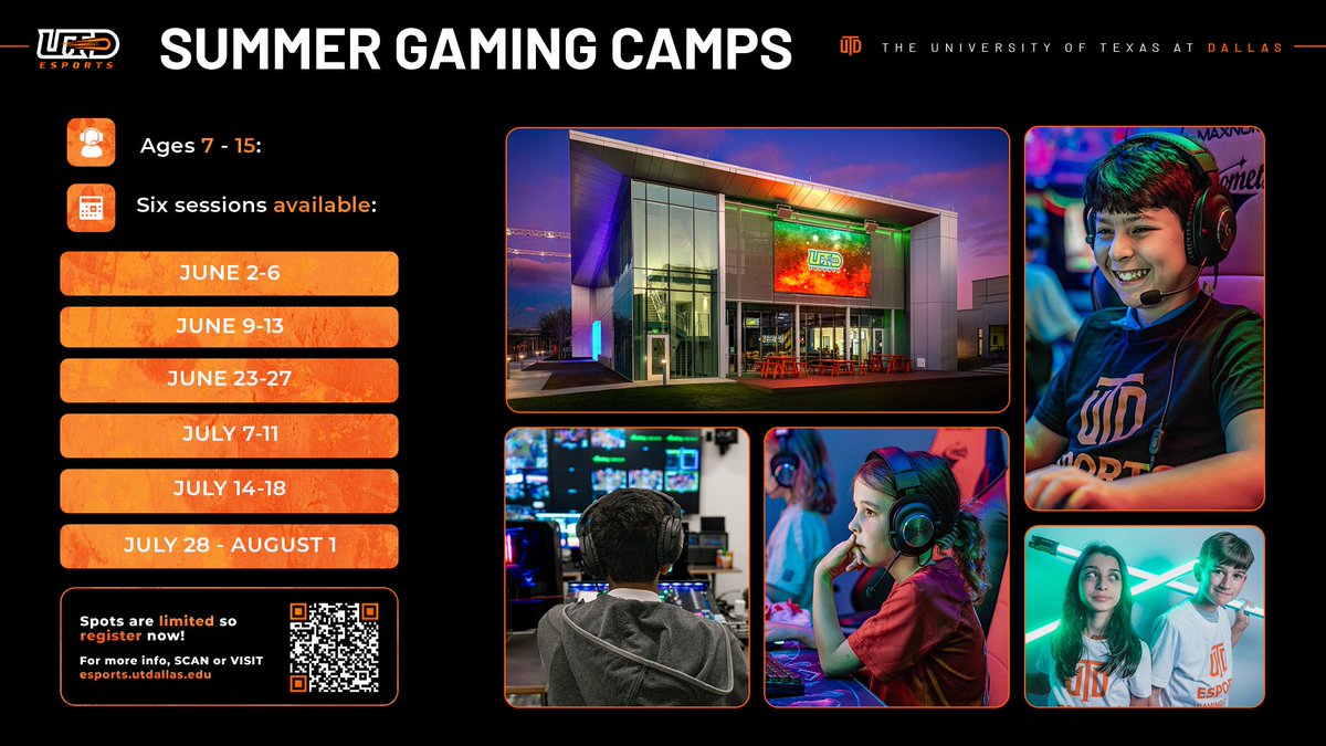 Summer Gaming Camps are back! ☀️

📍 Gaming &amp; Esports Center
📅 6 Sessions in June and July
⏰ 9 AM - 4 PM
👦 👧  Ages 7-15

Sign Up Today  ⬇️