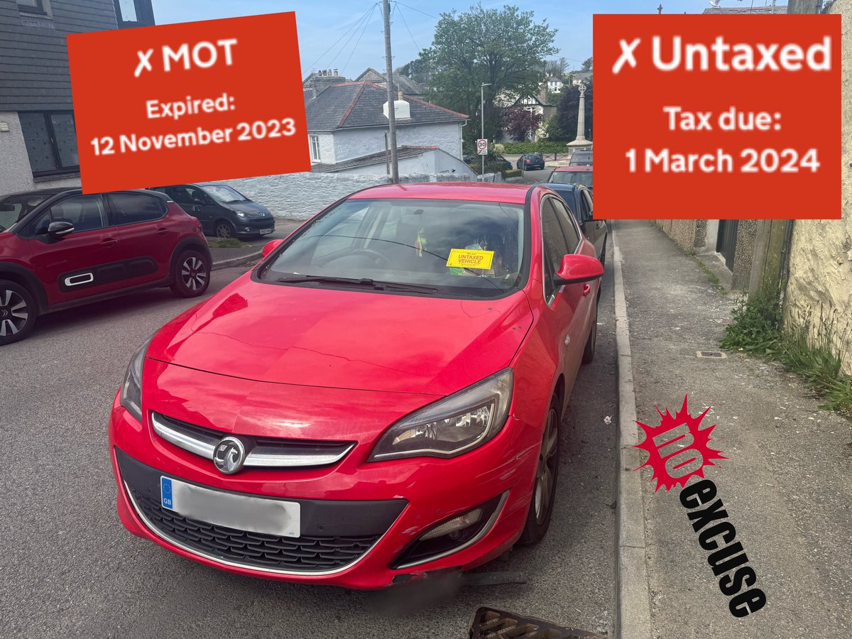 #Hayle - all red for this Astra - driver reported for a very expired MOT and excise licence- vehicle seized on behalf of <a href="/DVLAgovuk/">Driver and Vehicle Licensing Agency</a> #NoExcuse