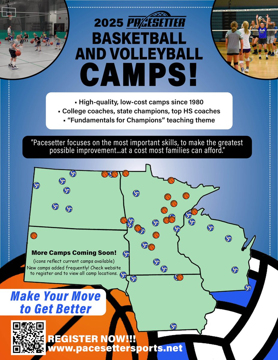 🏀🏐 Players! Register for a Pacesetter basketball or volleyball camp by May 15 &amp; get a FREE camp shirt!
Train with top coaches &amp; champs using our proven “Fundamentals for Champions” program. Spots filling fast! pacesettersports.net
#YouthSports #BasketballCamp #VolleyballCamp