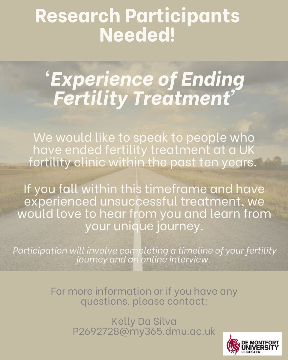 𝒦ℯ𝓁𝓁𝓎 𝒟𝒶 𝒮𝒾𝓁𝓋𝒶 (@thedovecoteorg) on Twitter photo 📢 Research Participants Needed 💬
I’m currently researching the experiences of ending fertility treatment.
If you:
✅ Had fertility treatment at a UK clinic
✅ Ended treatment in the last 10 yrs
I’d love to hear from you..
📩 P2692728@my365.dmu.ac.uk 📢 Research Participants Needed 💬
I’m currently researching the experiences of ending fertility treatment.
If you:
✅ Had fertility treatment at a UK clinic
✅ Ended treatment in the last 10 yrs
I’d love to hear from you..
📩 P2692728@my365.dmu.ac.uk