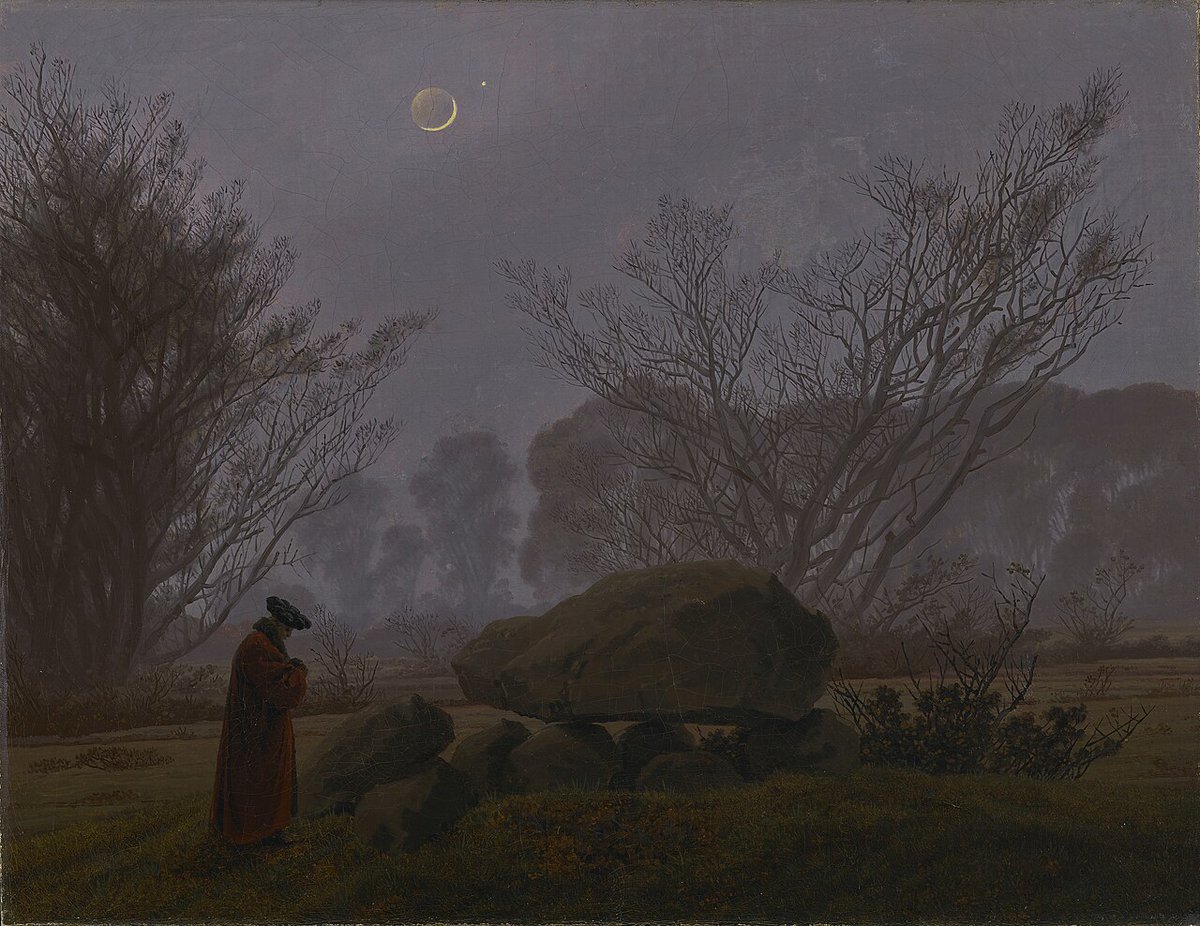 A Walk at Dusk (c 1830-35) by Caspar David Friedrich. A rather contemplative painting for the anniversary of his death.