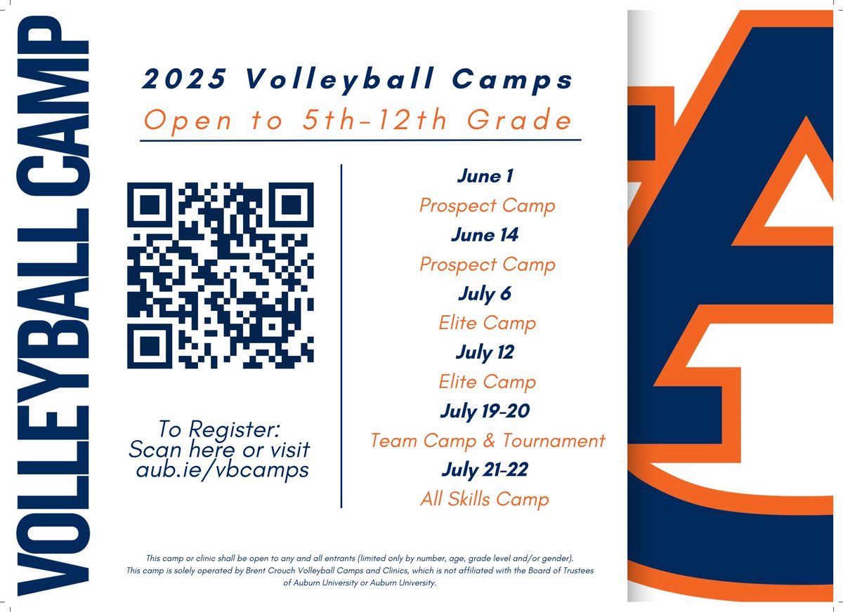 There are still a few spots left for the Brent Crouch Volleyball Camps this summer! DO NOT miss out on this golden opportunity to sharpen your skills! 🏐

REGISTER NOW &gt;&gt; aub.ie/vbcamps

#WarEagle