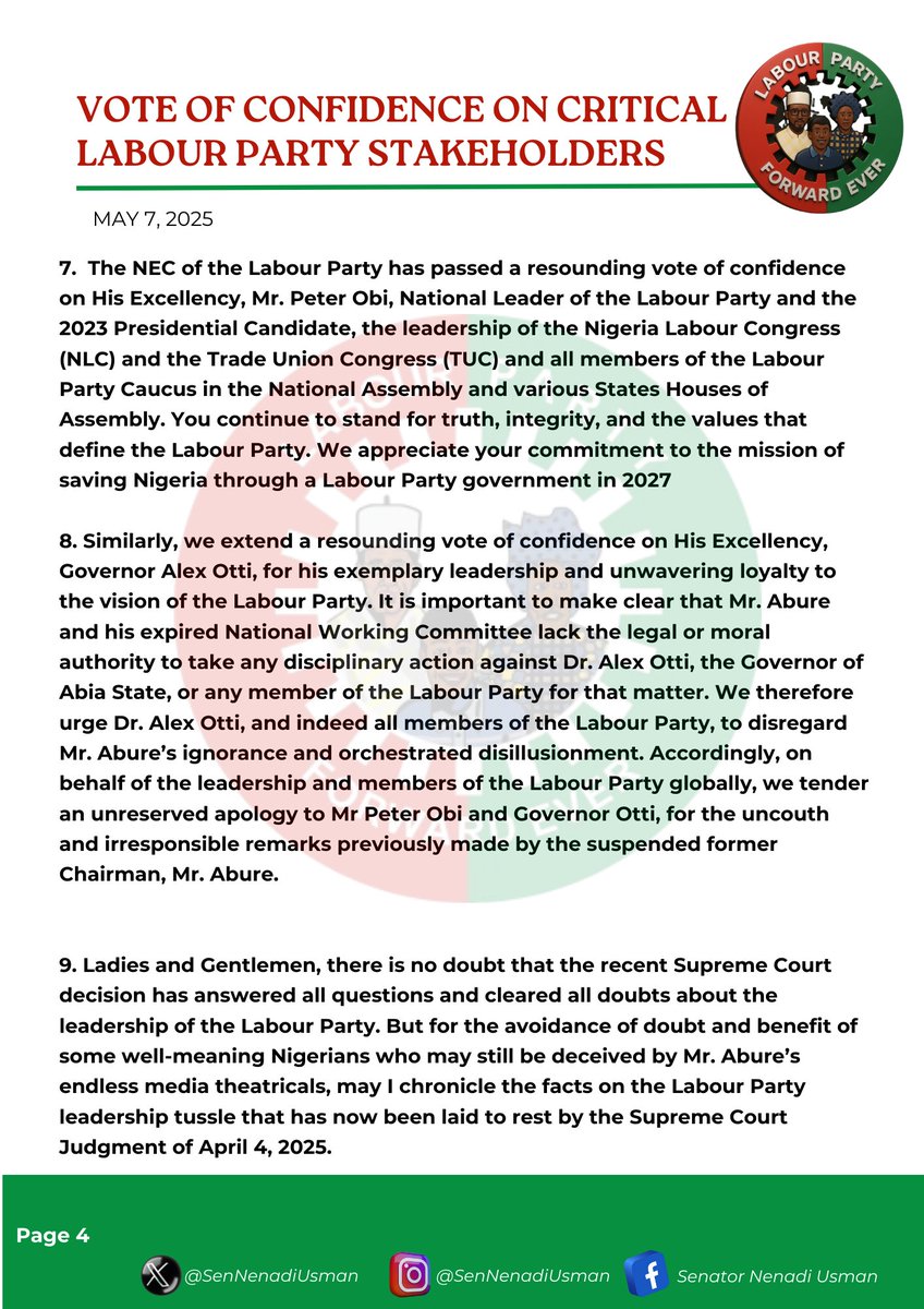 SenNenadiUsman's tweet photo. PRESS STATEMENT BY THE NATIONAL LEADERSHIP OF THE LABOUR PARTY ON THE STATE OF THE PARTY

Theme: LABOUR PARTY IS STANDING STRONG AND UNITED: READY TO EMANCIPATE NIGERIA FROM APC FAILURE.

ABUJA, MAY 7, 2025 https://t.co/mqfAj8fIke