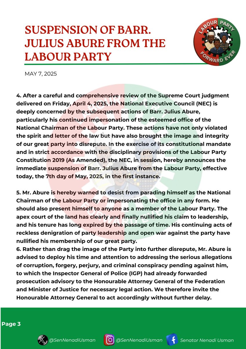 SenNenadiUsman's tweet photo. PRESS STATEMENT BY THE NATIONAL LEADERSHIP OF THE LABOUR PARTY ON THE STATE OF THE PARTY

Theme: LABOUR PARTY IS STANDING STRONG AND UNITED: READY TO EMANCIPATE NIGERIA FROM APC FAILURE.

ABUJA, MAY 7, 2025 https://t.co/mqfAj8fIke