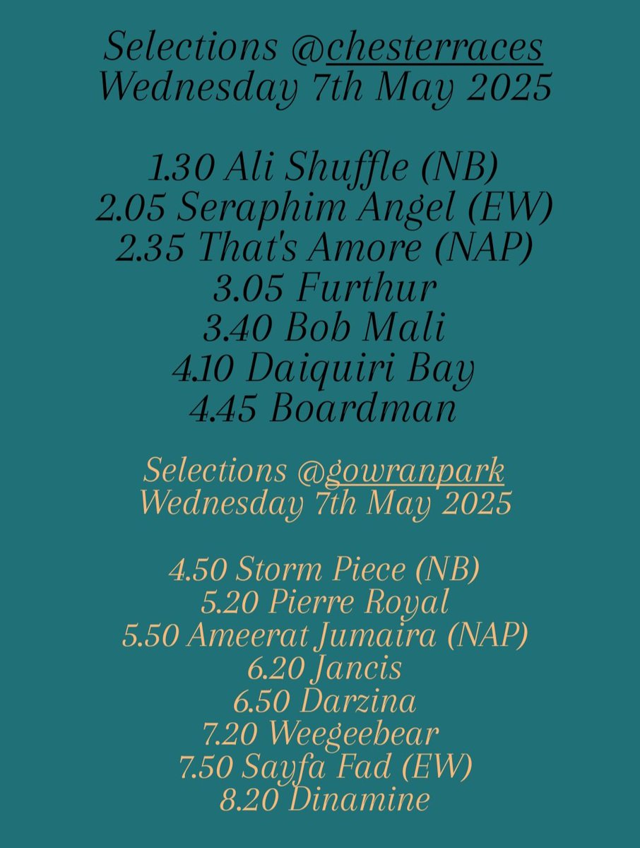Alan Marron (@almarron) on Twitter photo Results from <a href="/ChesterRaces/">chesterraces</a> & <a href="/GowranPark1/">Gowran Park</a> today ;
Ali Shuffle 🥇 (5/6)
Daiquiri Bay 🥇 (11/4)
Storm Piece 🥇 (6/4)
Darzina 🥇(15/2)
Pierre Royal 🥈 (9/4)
Jancis 🥈(9/2)
Selections for <a href="/ChesterRaces/">chesterraces</a> & <a href="/tipperaryraces/">Tipperary Racecourse</a> posted within three next hour. Results from <a href="/ChesterRaces/">chesterraces</a> & <a href="/GowranPark1/">Gowran Park</a> today ;
Ali Shuffle 🥇 (5/6)
Daiquiri Bay 🥇 (11/4)
Storm Piece 🥇 (6/4)
Darzina 🥇(15/2)
Pierre Royal 🥈 (9/4)
Jancis 🥈(9/2)
Selections for <a href="/ChesterRaces/">chesterraces</a> & <a href="/tipperaryraces/">Tipperary Racecourse</a> posted within three next hour.