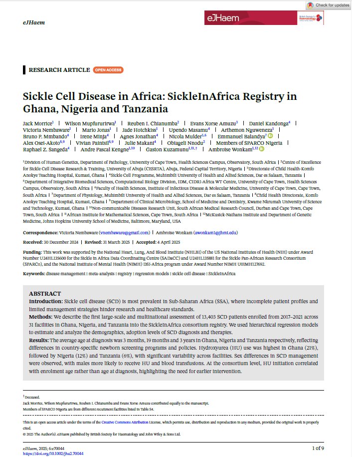 A recent publication based on data from the SickleInAfrica registry describes the first large-scale and multinational assessment of 13,403 patients enrolled into the registry in Ghana, Nigeria, and Tanzania. Link: onlinelibrary.wiley.com/doi/full/10.10…. Congrats to all authors. <a href="/e_JHaem/">eJHaem Journal</a>